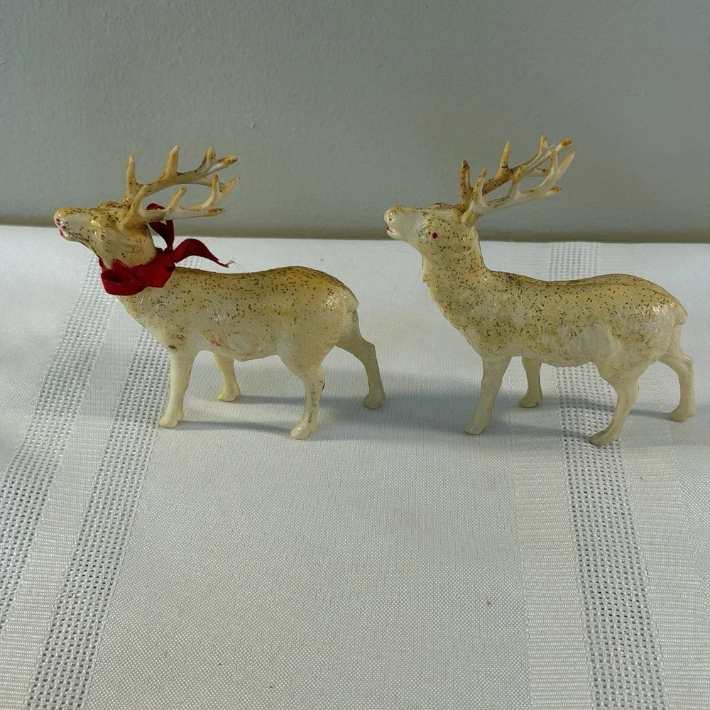 2 Thin Celluloid 1950's Reindeers Japan Christmas Figurine 3.5